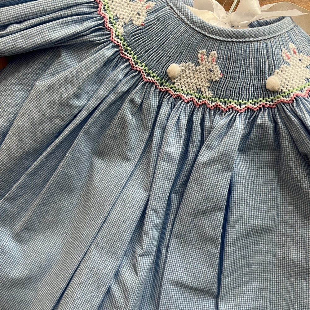 Petit Bebe Easter Bunny Blue Smocked Newborns Dress NWT